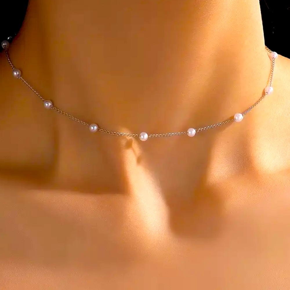 Delicate Silver Pearl Station Choker Necklace - White Pearls